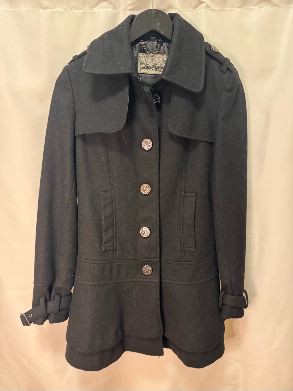 Guess Black Wool-Blend Pea Coat with Decorative Buttons woman’s size small